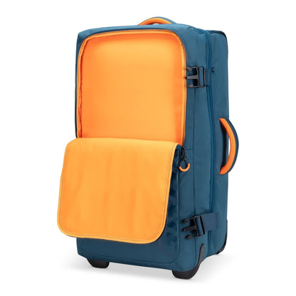Graphite Metamorph 28" Upright Rollaboard, teal, front view with front pocket open to orange interior.