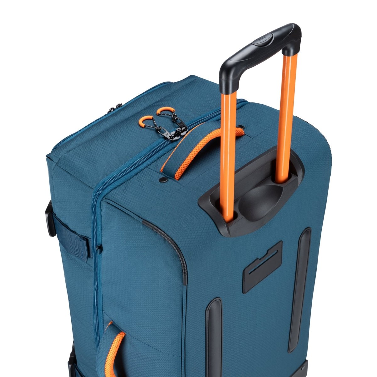 Graphite Metamorph 28" Upright Rollaboard, teal, top back view with orange telescopic handle extended.