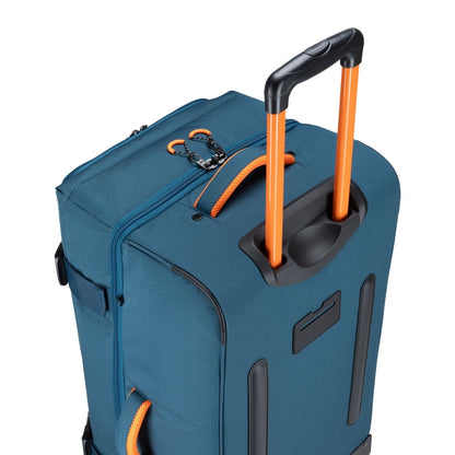 Graphite Metamorph 28" Upright Rollaboard, teal, top back view with orange telescopic handle extended.