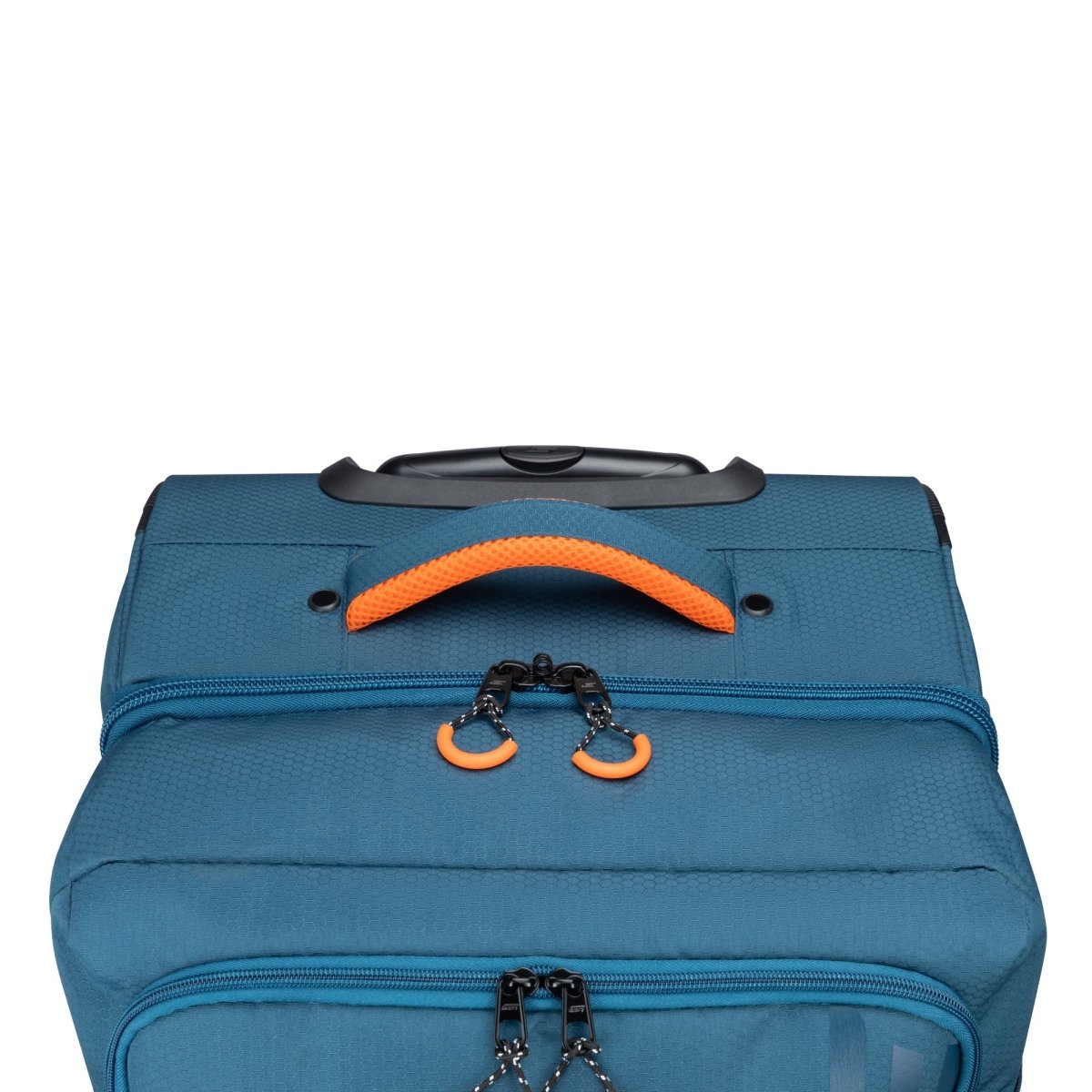 Graphite Metamorph 28" Upright Rollaboard, teal, top grab handle with orange accents.