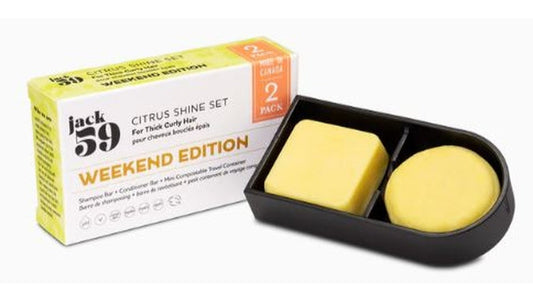 Product Image – Two yellow soap bars in a black container with packaging labeled 'jack 59 Citrus Shine Set' on a white background.