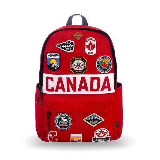 Product Image – Northern Icons Canada Classic Backpack with Canadian patches and "CANADA" on the front pocket.