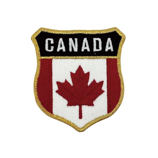 Product Image – Northern Icons Canada Shield Iron-on Patch with "CANADA" and maple leaf, perfect for embroidery projects.