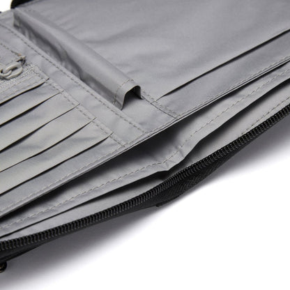 Close-up of Pacsafe® RFIDsafe™ Travel Organizer with RFID blocking, card slots, and a zipper compartment.