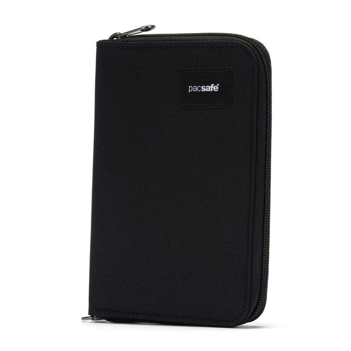 Black Pacsafe® RFIDsafe™ zippered wallet with RFID blocking, made from recycled polyester.