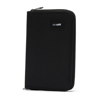 Black Pacsafe® RFIDsafe™ zippered wallet with RFID blocking, made from recycled polyester.