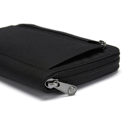 Black Pacsafe® RFIDsafe™ pouch made from recycled polyester with textured material and small metal zipper pull.