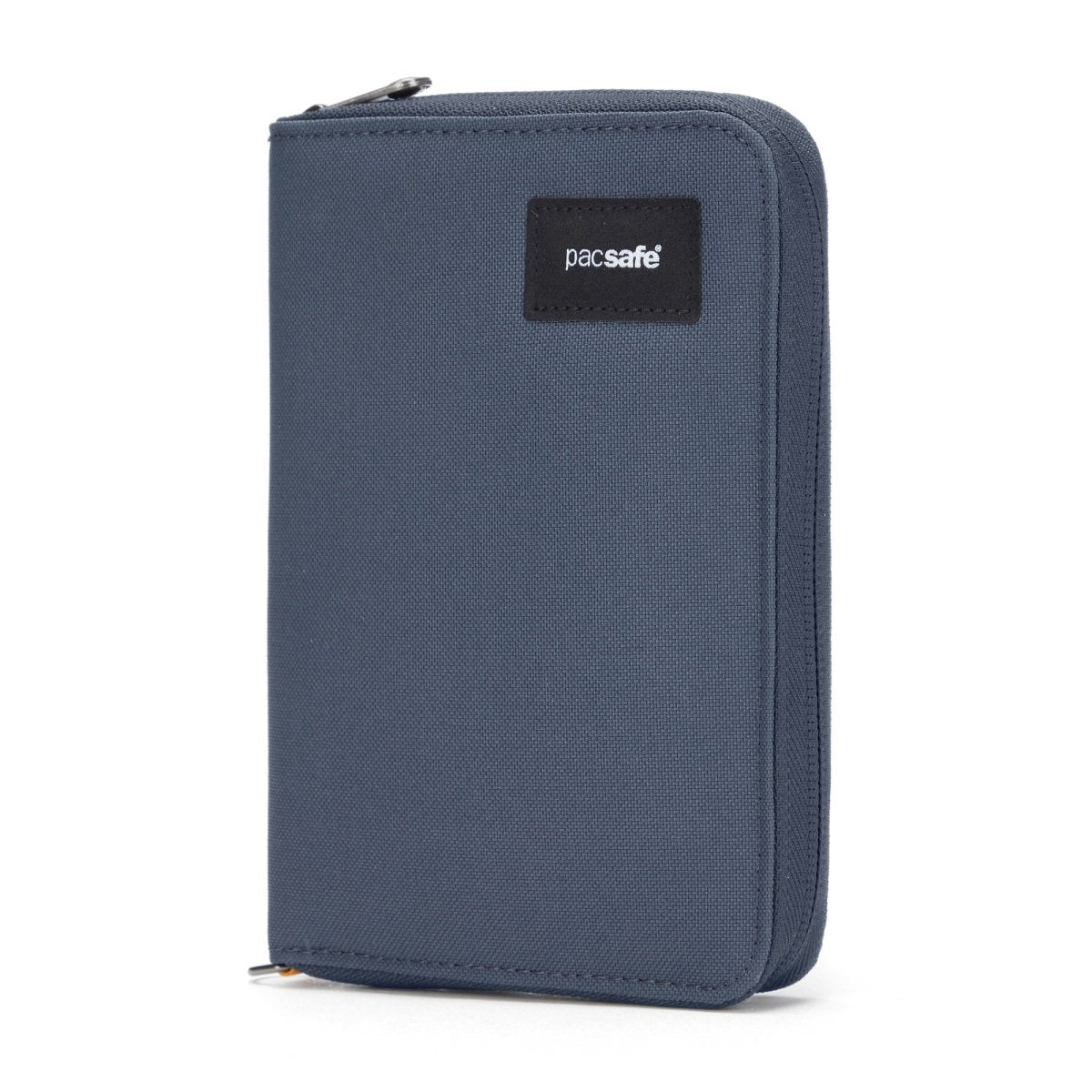 A blue Pacsafe RFIDsafe travel organizer, upright with a black logo patch.