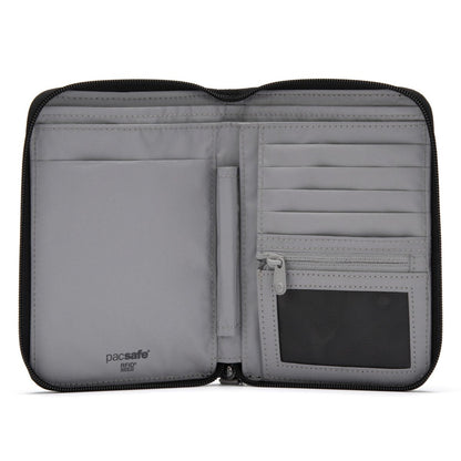 Open view of grey interior of Pacsafe® RFIDsafe™ organizer with card slots, zip pocket, mesh ID holder and RFID passport slot.