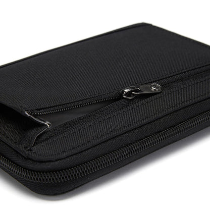 Close-up of partially opened Pacsafe® RFIDsafe™ Travel Organizer, showcasing its black texture and stitching.