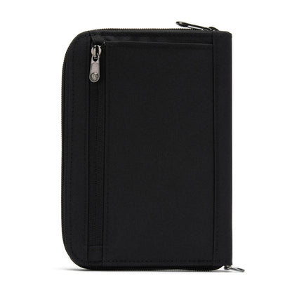 Pacsafe RFIDsafe travel organizer: black, zippered, recycled polyester, RFID block, back pocket.