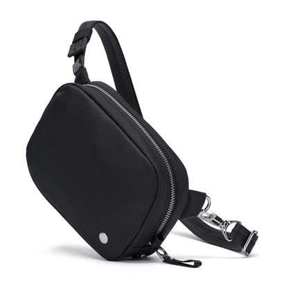 Pacsafe® W Anti-theft Micro Sling with RFID blocking, silver zippers & adjustable strap by Pacsafe.