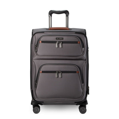 Ricardo Beverly Hills Montecito 3.0 Softside Carry-on Spinner with telescoping handle and two front zip pockets.