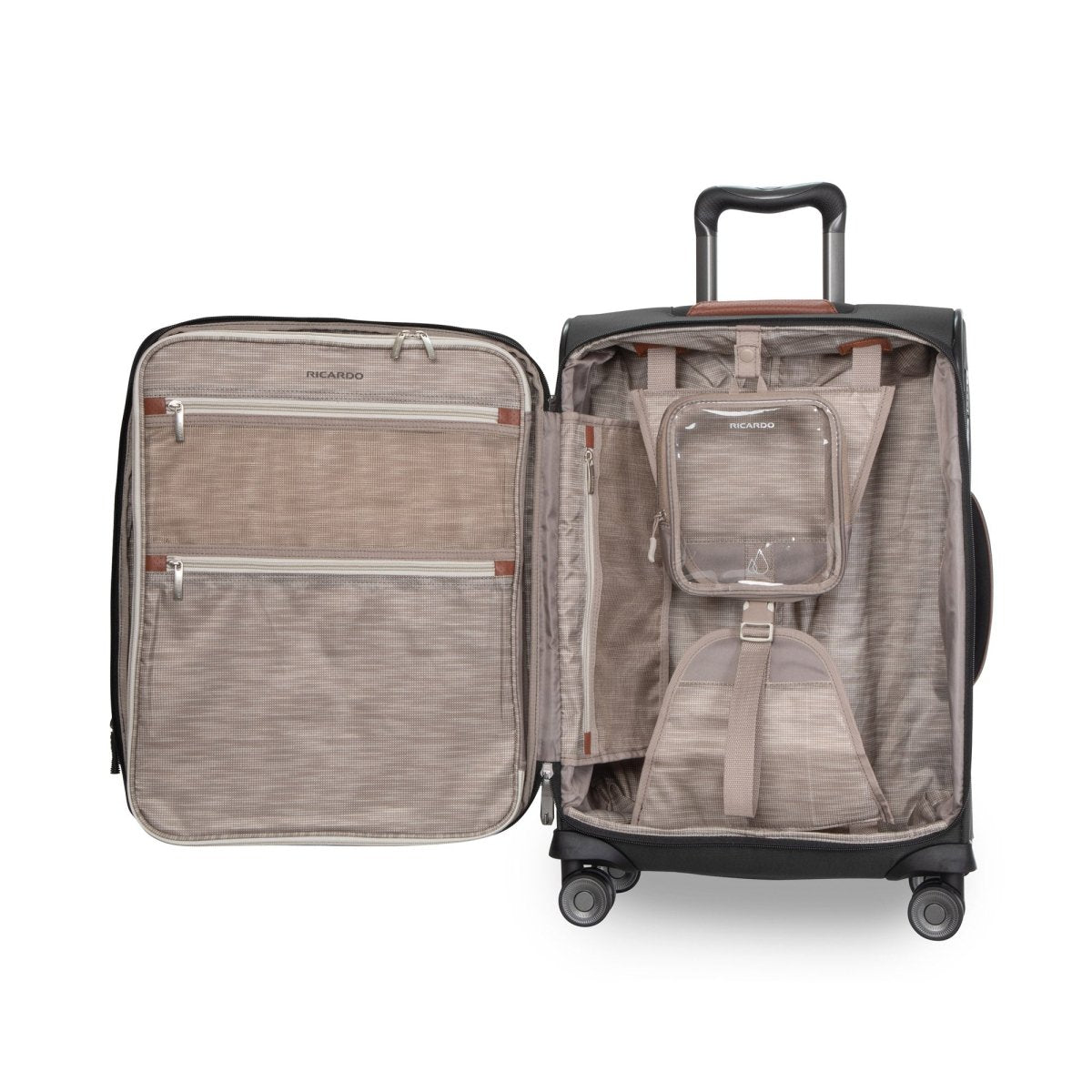 Ricardo Beverly Hills Montecito 3.0 softside carry-on has a black exterior, beige interior, and four spinner wheels.