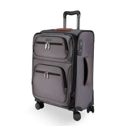 The Ricardo Beverly Hills Montecito 3.0 Carry-on Spinner is gray with 2 zip pockets and a long telescopic handle.