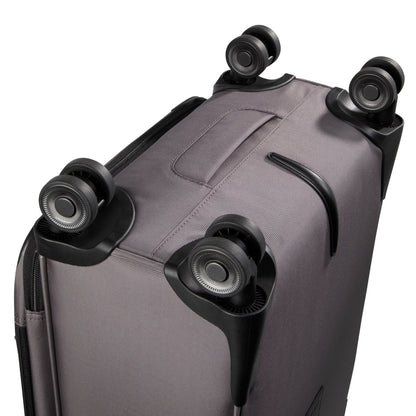 Close-up of Ricardo Beverly Hills Montecito 3.0 Softside Carry-on Spinner with four black wheels and handle.