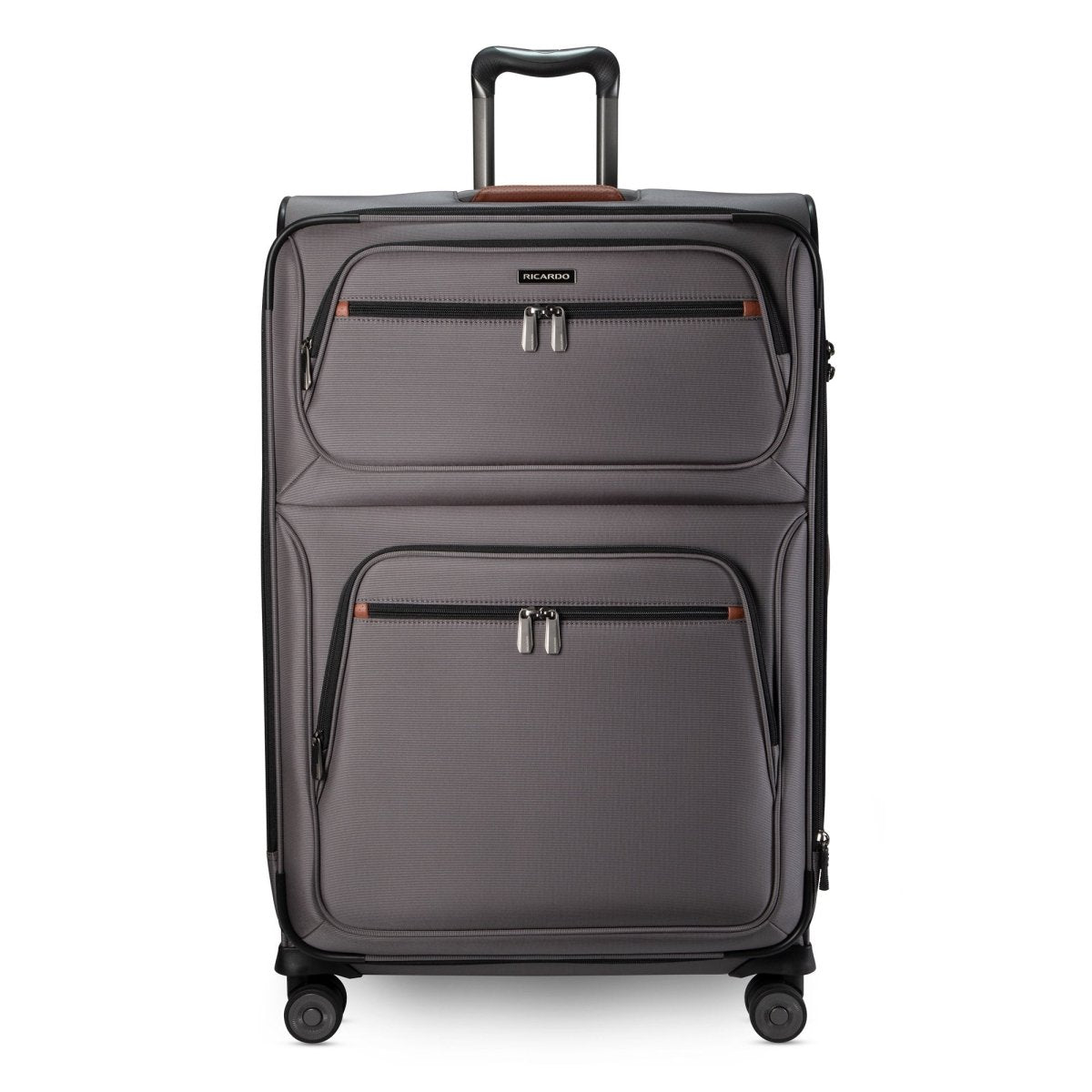 Ricardo Beverly Hills Montecito 3.0 Large Expandable Spinner, grey, with zip pockets and telescopic handle.