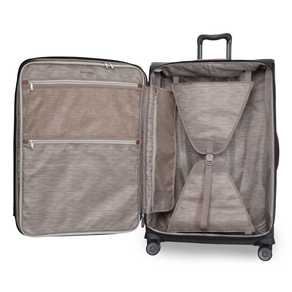 Ricardo Beverly Hills Montecito 3.0 Large Check-In Spinner: expandable, mesh pockets, straps, smooth wheels.