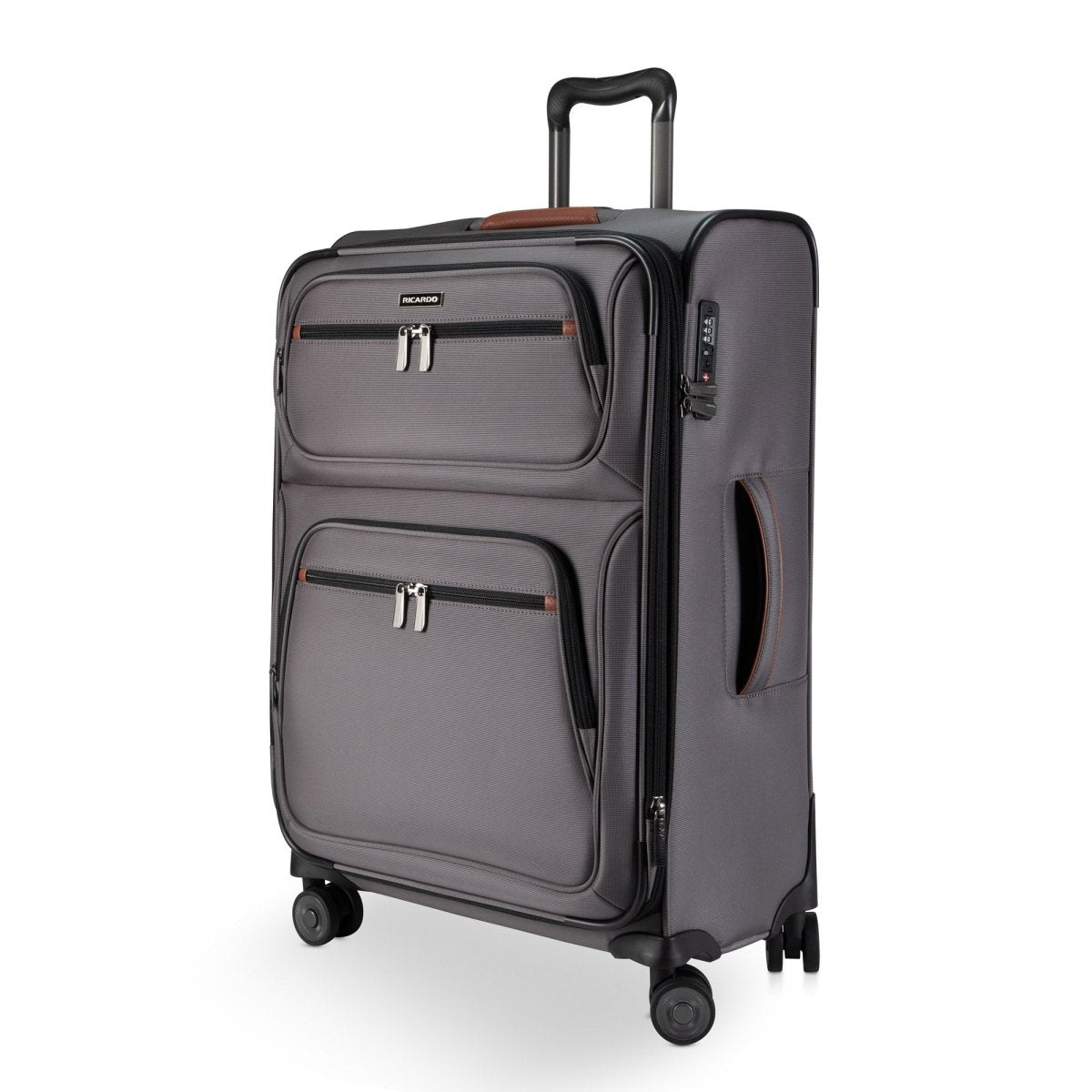 Ricardo Beverly Hills Montecito 3.0 gray medium softside spinner: 4 wheels, 2 zip pockets, telescopic handle.
