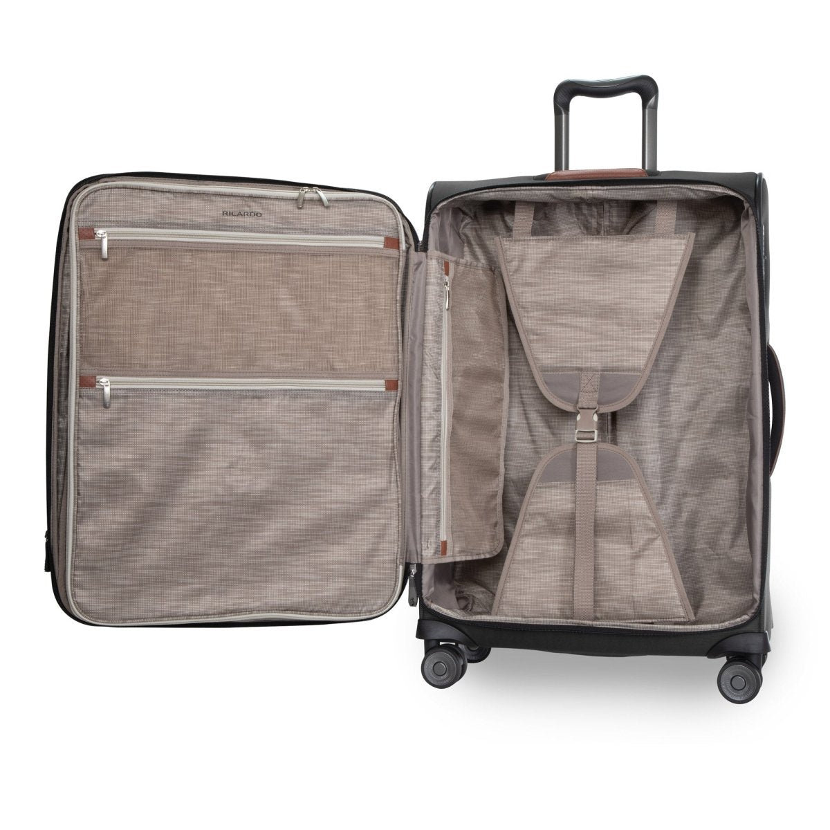 Ricardo Beverly Hills Montecito 3.0 medium check-in luggage open to show compartments, zippered pockets, and straps.