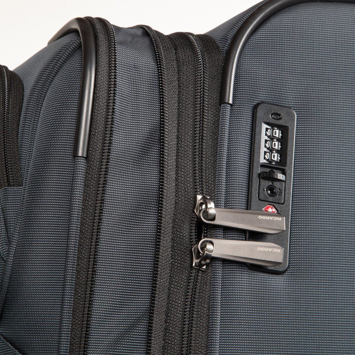 Close-up of the Ricardo Beverly Hills Montecito 3.0 Softside Medium Spinner with TSA lock and dual zipper pulls.