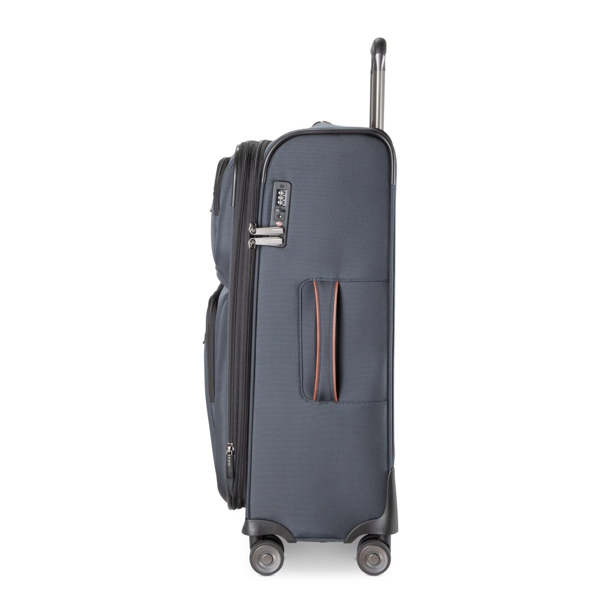 Ricardo Beverly Hills Montecito 3.0 medium navy softside luggage shown sideways with handle up, two zips visible.