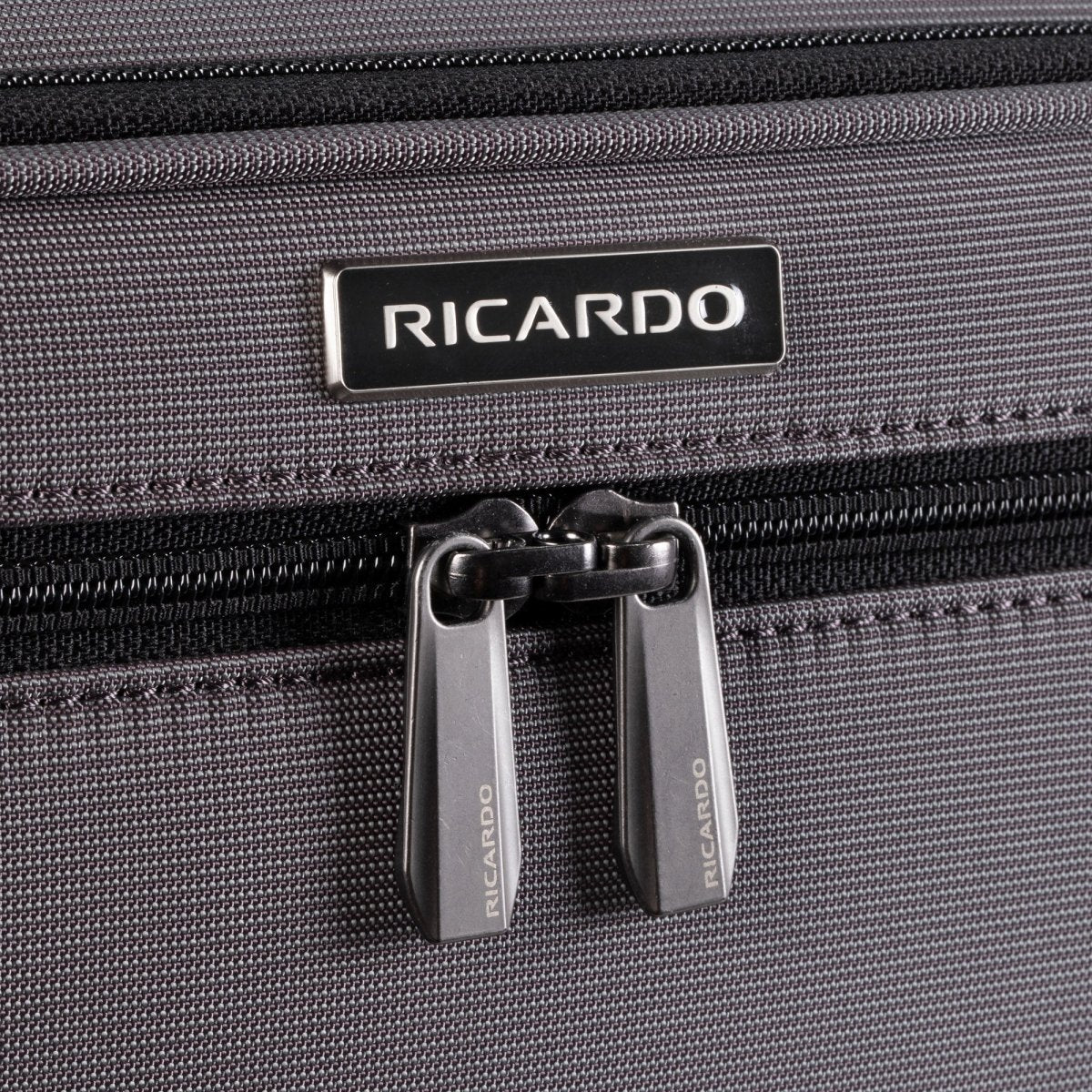 Close-up of the Ricardo Beverly Hills Montecito 3.0 medium softside spinner with dual zipper pulls.