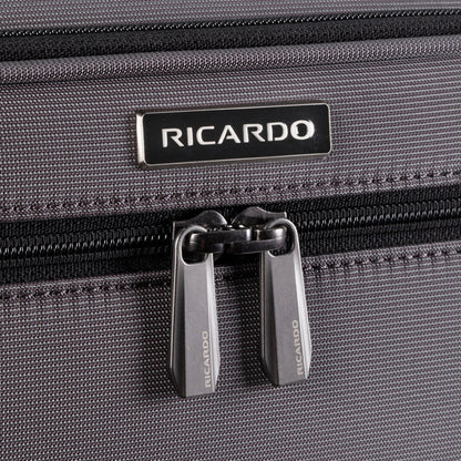 Close-up of the Ricardo Beverly Hills Montecito 3.0 medium softside spinner with dual zipper pulls.
