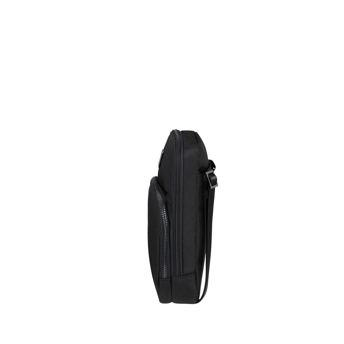 Side view of the stylish Samsonite SackSquare Crossbody Small in black, featuring two zippered compartments and an adjustable shoulder strap for hands-free mobility, isolated on a white background.