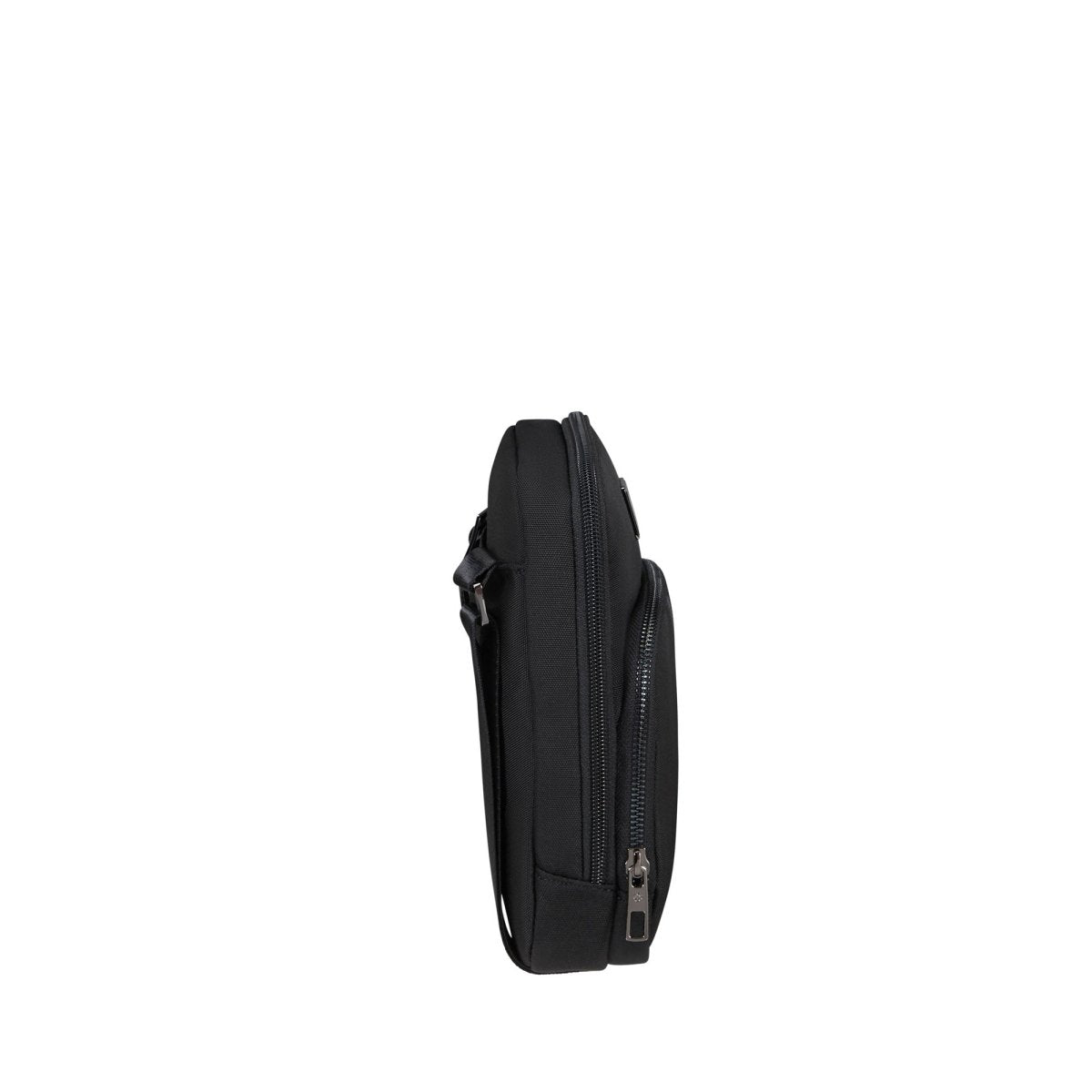 Side view of the Samsonite SackSquare Crossbody Small, a trendy black pouch with a rectangular shape, featuring two zippered compartments and a strap for hands-free mobility.