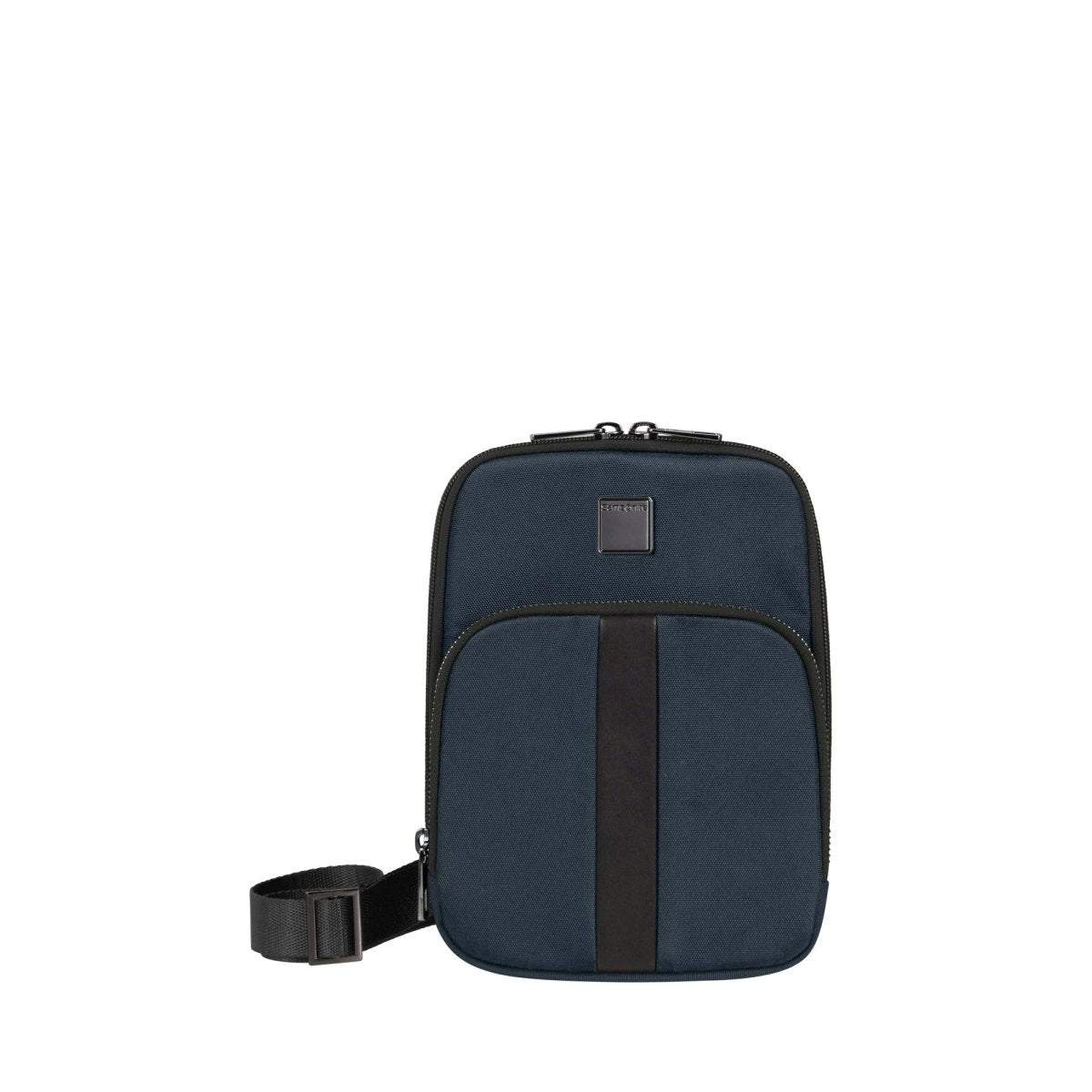 The Samsonite SackSquare Crossbody Small by Samsonite is a stylish, compact dark green bag featuring a front zip pocket, black vertical stripe, and adjustable strap for hands-free mobility against a white background.