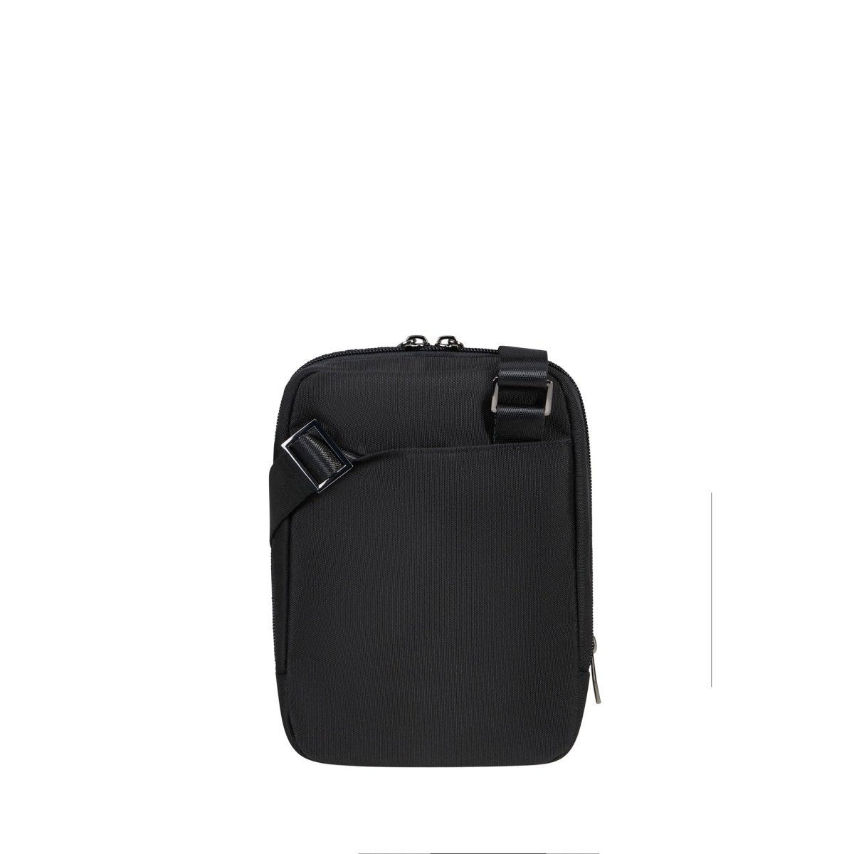 The Samsonite SackSquare Crossbody Small by Samsonite is a trendy black bag, featuring a front pocket and adjustable strap, perfect for everyday use and hands-free mobility, displayed against a white background.