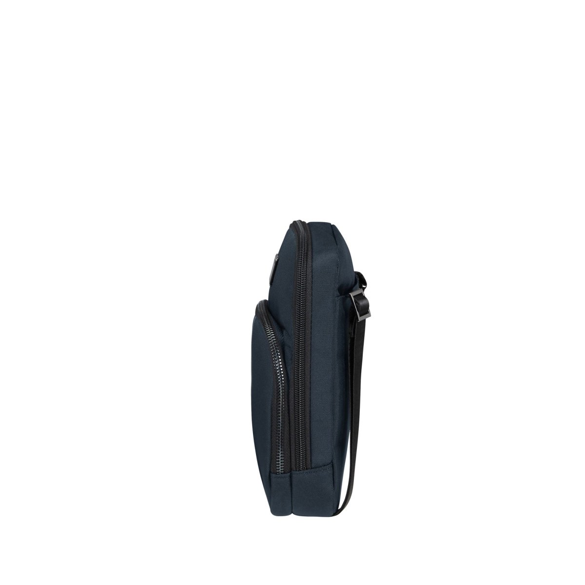 Side view of the Samsonite SackSquare Crossbody Small, a stylish dark-colored bag by Samsonite featuring two zippered compartments and an adjustable strap, perfect for hands-free mobility.