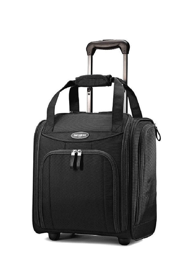 Image showing black luggage piece with silver and black carrying handle extended.