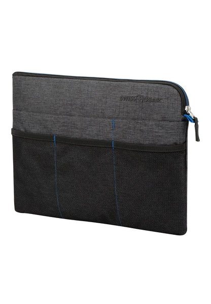 The Swiss Gear 13.3" Laptop Organizer Sleeve, by Swiss Gear, is a black and gray laptop sleeve that includes a zippered top, padded laptop compartment, and multiple tech accessory pockets for additional storage.