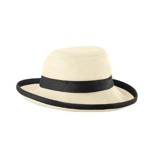 Product Image – Image showing Tilley hat in beige colour with black trim.