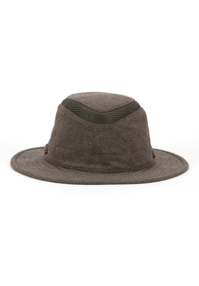 The Tilley TMH55 Mash-Up Airflo® - Clearance is a brown wide-brimmed hat from Tilley, featuring a green ventilation mesh band around the crown. It offers sun-protective fabric with UPF 50+ for your outdoor adventures.