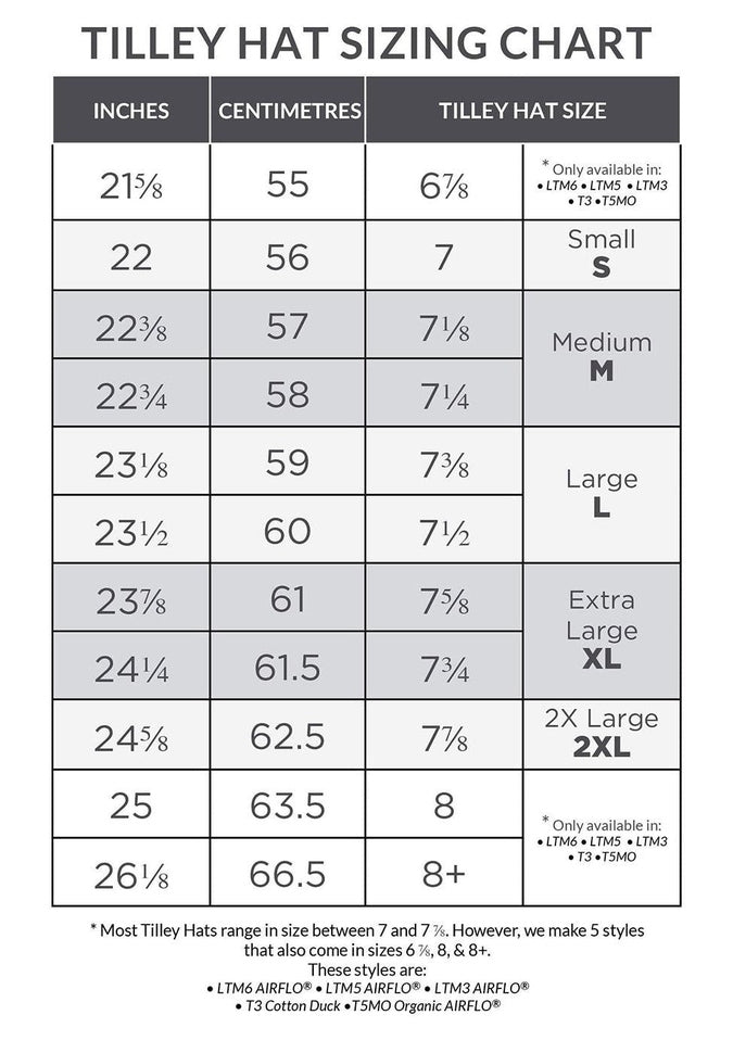 The Tilley TMH55 Mash-Up Airflo®, available in a clearance sale, provides a sizing chart that includes head measurements in both inches and centimeters, with hat sizes ranging from 6⅞ to 8⅛. Crafted by Tilley with sun-protective fabric, these hats offer UPF 50+ protection. Select styles are equipped with ventilation mesh and come in Medium, Large, XL, and 2XL sizes.