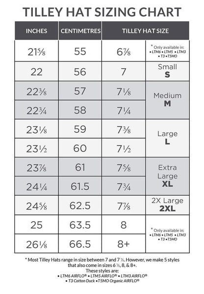 The Tilley TMH55 Mash-Up Airflo®, available in a clearance sale, provides a sizing chart that includes head measurements in both inches and centimeters, with hat sizes ranging from 6⅞ to 8⅛. Crafted by Tilley with sun-protective fabric, these hats offer UPF 50+ protection. Select styles are equipped with ventilation mesh and come in Medium, Large, XL, and 2XL sizes.