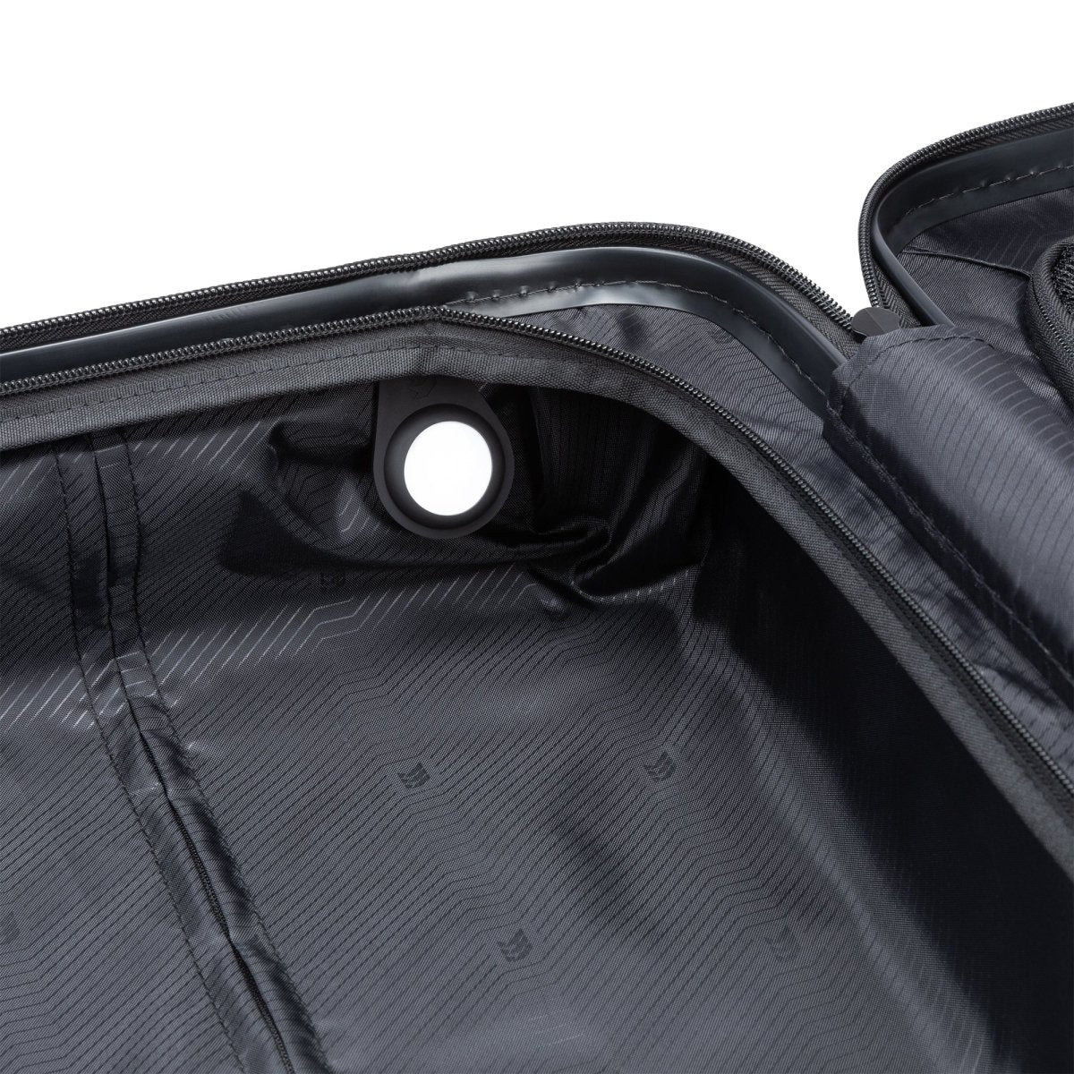 Open black Travelite Itinerary Hardside Spinner with black lining and tracker holder.