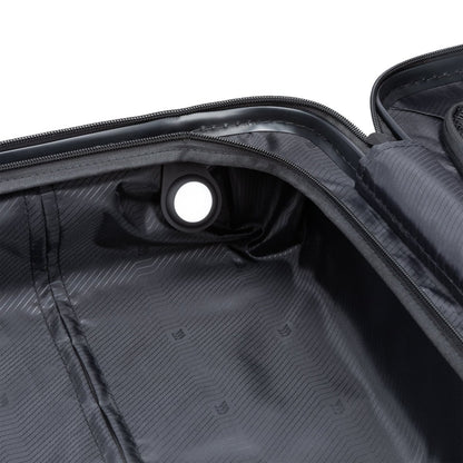 Open black Travelite Itinerary Hardside Spinner with black lining and tracker holder.