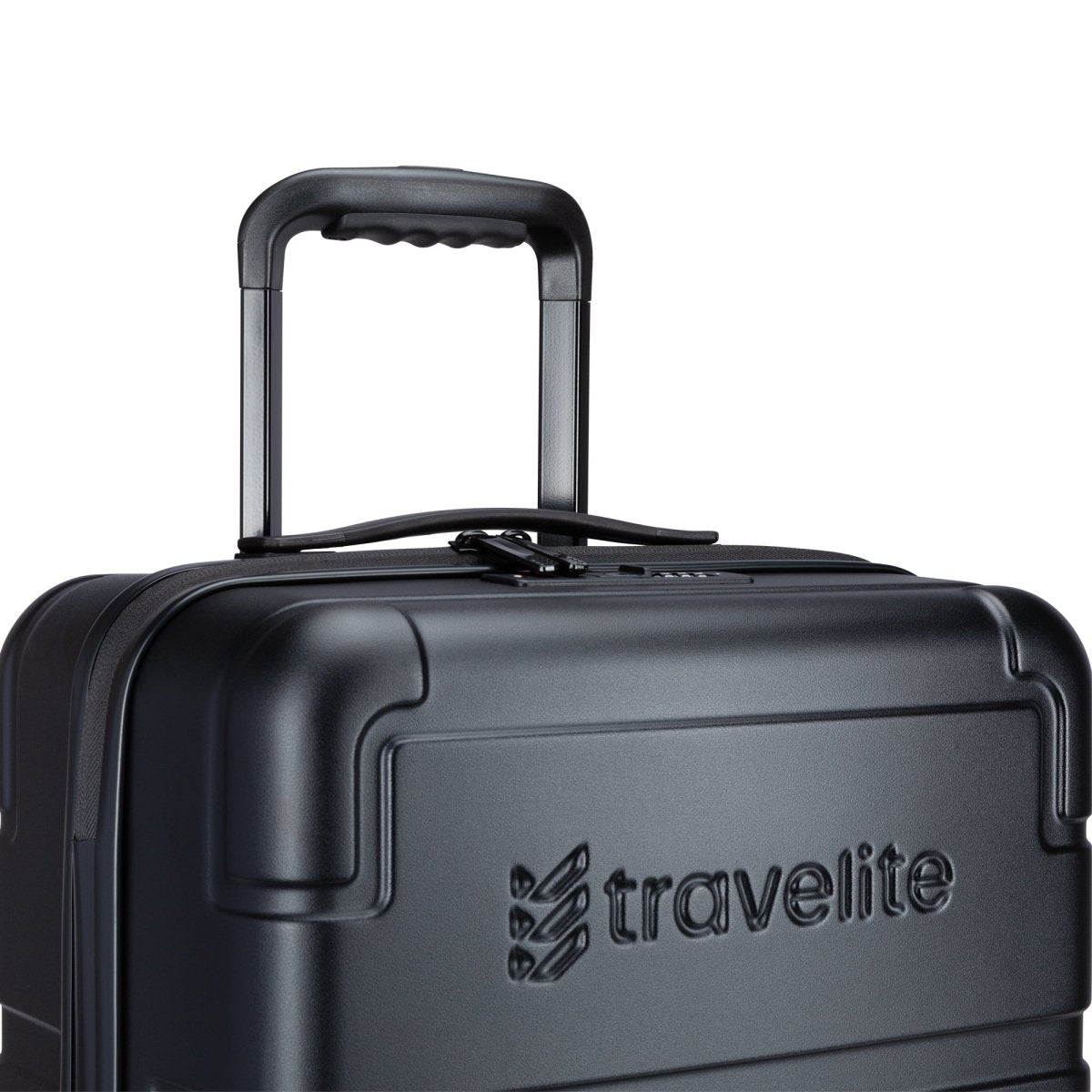 Close-up of a black Travelite Itinerary Hardside Spinner Carry-on with telescopic handle and embossed logo.