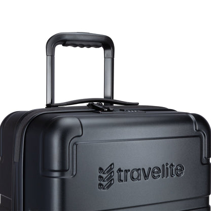 Close-up of a black Travelite Itinerary Hardside Spinner Carry-on with telescopic handle and embossed logo.