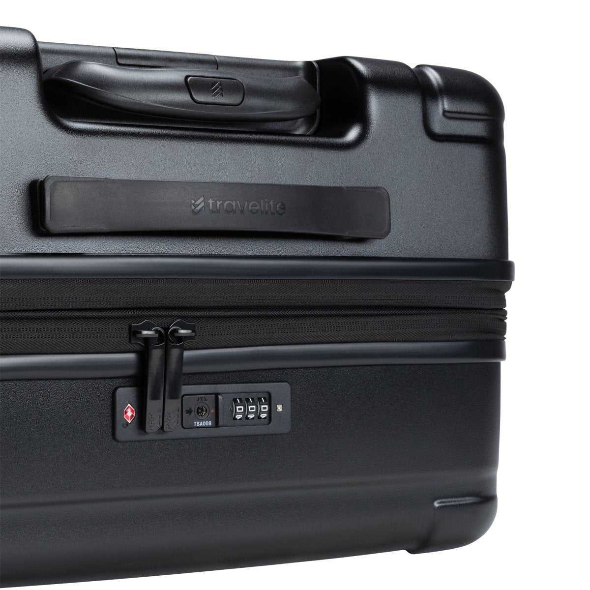 Travelite Itinerary Large Hardside Spinner in black with TSA lock and top handle.