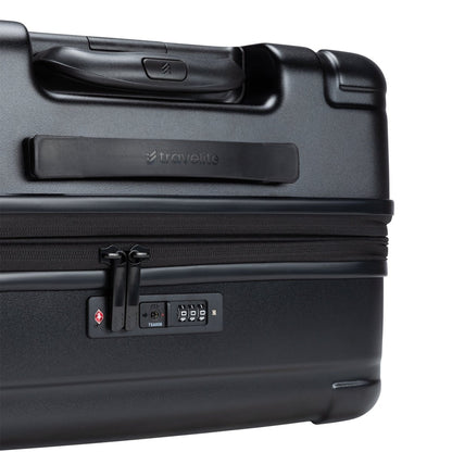 Travelite Itinerary Large Hardside Spinner in black with TSA lock and top handle.