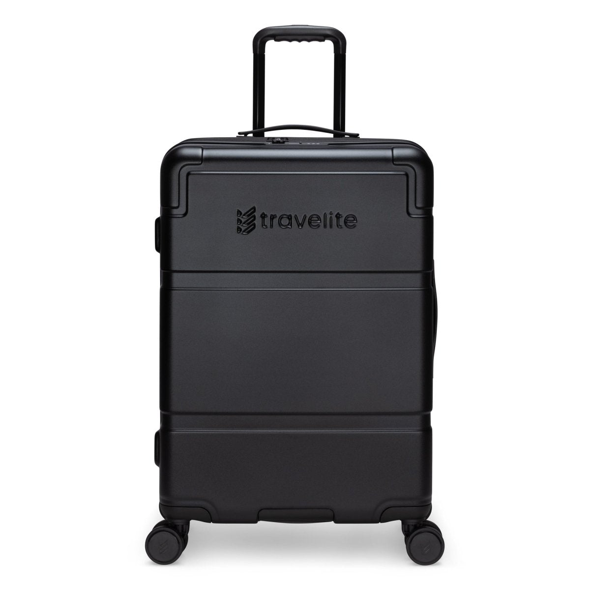 Travelite Itinerary Medium Expandable Hardside Spinner: Black, 8 spinner wheels, telescopic handle.