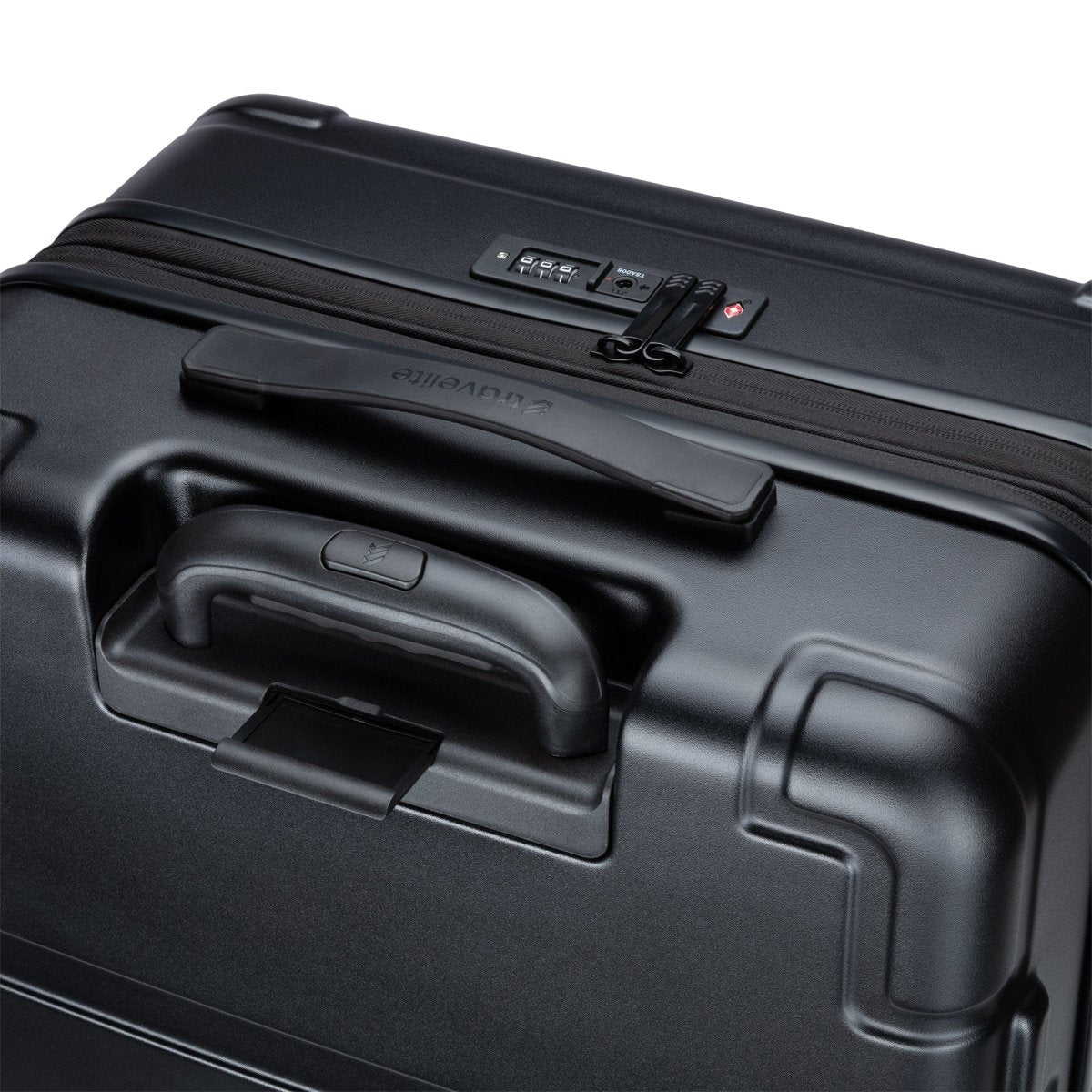 Travelite Itinerary Medium suitcase: black polycarbonate, combo lock, telescopic handle, 8 spinner wheels.
