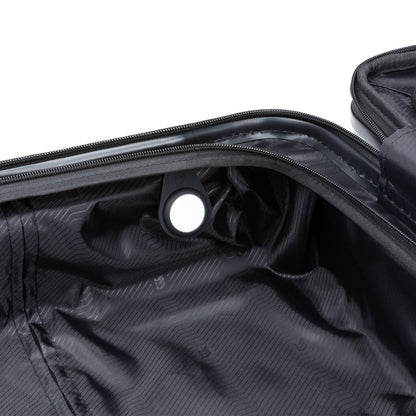 Open Travelite black spinner with tracker holder inside; made from lightweight polycarbonate.