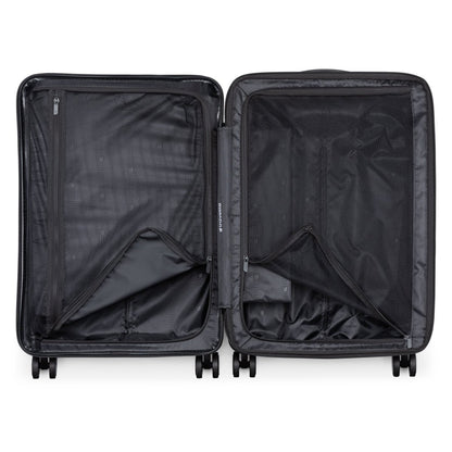Open the black Travelite Itinerary Medium Hardside Spinner, featuring mesh compartments and eight spinner wheels.