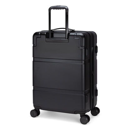 Travelite Itinerary Medium Expandable Hardside Spinner: Black with retractable handle and 8 spinner wheels.